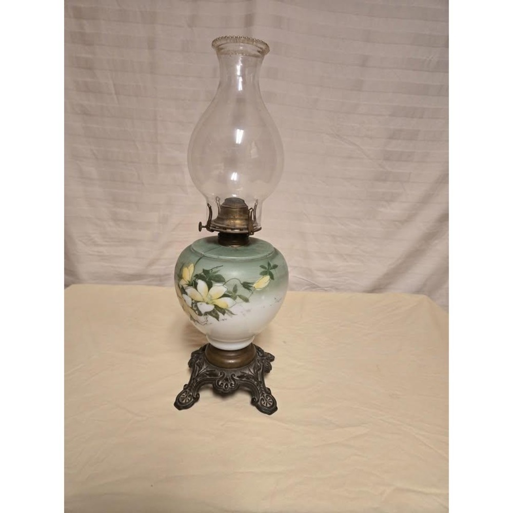 Queen Anne No. 2 Oil Lamp Antique Hand Painted Floral Glass Cast Iron Base Green